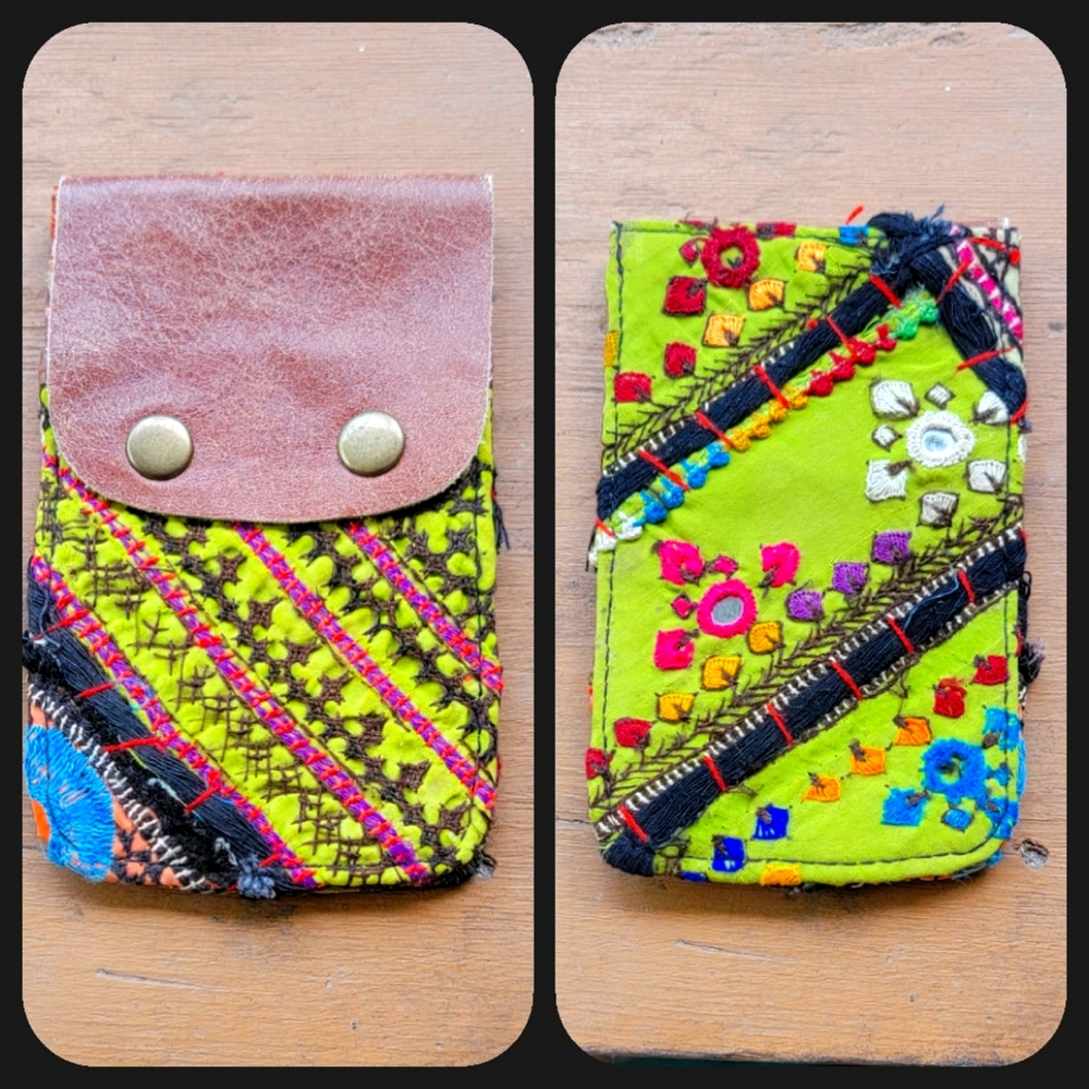🍳🧠 Free People Boho Embroidered Repurposed vtg banjara hippie Wallet card case
